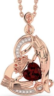 Diamond Garnet Rose Gold Silver Claddagh Infinity Heart Necklace