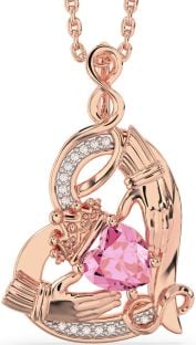 Diamond Pink Tourmaline Rose Gold Silver Claddagh Infinity Heart Necklace