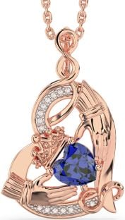 Diamond Sapphire Rose Gold Silver Claddagh Infinity Heart Necklace