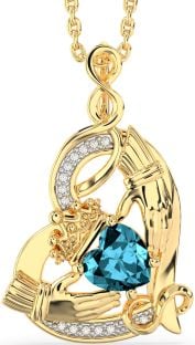 Diamond Aquamarine Gold Silver Claddagh Infinity Heart Necklace