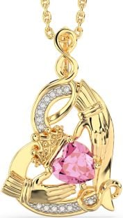 Diamond Pink Tourmaline Gold Silver Claddagh Infinity Heart Necklace