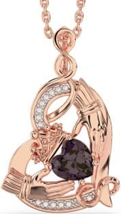 Diamond Alexandrite Rose Gold Claddagh Infinity Heart Necklace