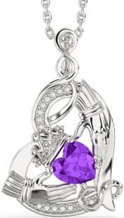 Diamond Amethyst Silver Claddagh Infinity Heart Necklace