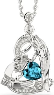 Diamond Aquamarine Silver Claddagh Infinity Heart Necklace