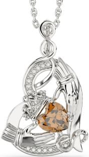 Diamond Citrine Silver Claddagh Infinity Heart Necklace