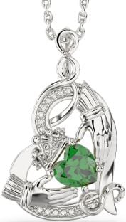 Diamond Emerald Silver Claddagh Infinity Heart Necklace