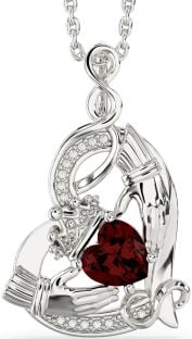 Diamond Garnet Silver Claddagh Infinity Heart Necklace