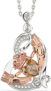 Diamond Citrine Rose Gold Silver Claddagh Infinity Heart Necklace