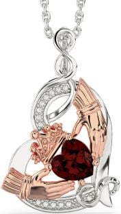 Diamond Garnet Rose Gold Silver Claddagh Infinity Heart Necklace