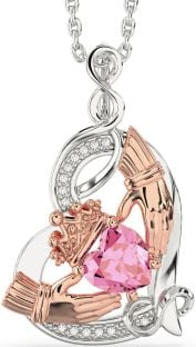 Diamond Pink Tourmaline Rose Gold Silver Claddagh Infinity Heart Necklace