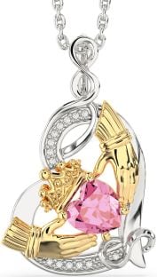 Diamond Pink Tourmaline Gold Silver Claddagh Infinity Heart Necklace