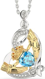 Diamond Topaz Gold Silver Claddagh Infinity Heart Necklace