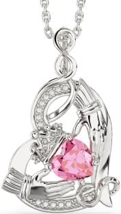 Diamond Pink Tourmaline White Gold Claddagh Infinity Heart Necklace