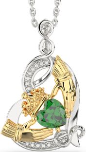 Diamond Emerald White Yellow Gold Claddagh Infinity Heart Necklace