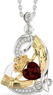 Diamond Garnet White Yellow Gold Claddagh Infinity Heart Necklace