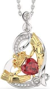 Diamond Ruby White Yellow Gold Claddagh Infinity Heart Necklace