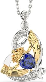 Diamond Sapphire White Yellow Gold Claddagh Infinity Heart Necklace