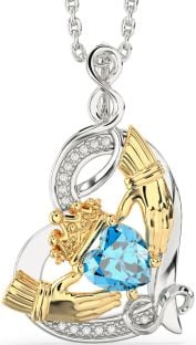 Diamond Topaz White Yellow Gold Claddagh Infinity Heart Necklace