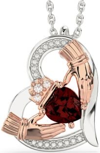 Diamond Garnet Rose Gold Silver Claddagh Heart Necklace