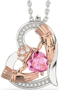 Diamond Pink Tourmaline Rose Gold Silver Claddagh Heart Necklace