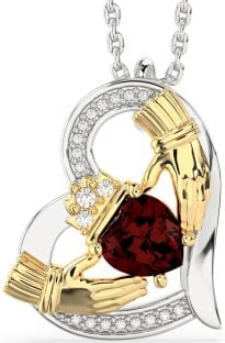 Diamond Garnet Gold Silver Claddagh Heart Necklace