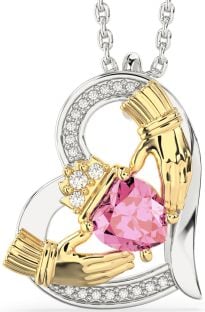 Diamond Pink Tourmaline Gold Silver Claddagh Heart Necklace