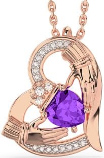 Diamond Amethyst Rose Gold Silver Claddagh Heart Necklace