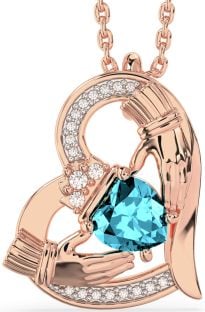 Diamond Aquamarine Rose Gold Silver Claddagh Heart Necklace