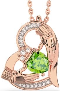 Diamond Peridot Rose Gold Silver Claddagh Heart Necklace