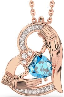 Diamond Topaz Rose Gold Silver Claddagh Heart Necklace