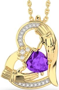 Diamond Amethyst Gold Silver Claddagh Heart Necklace