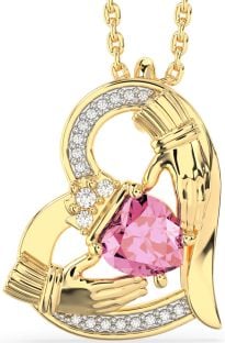 Diamond Pink Tourmaline Gold Silver Claddagh Heart Necklace