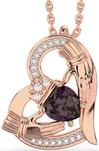 Diamond Alexandrite Rose Gold Claddagh Heart Necklace