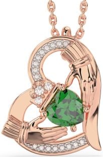 Diamond Emerald Rose Gold Claddagh Heart Necklace