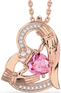 Diamond Pink Tourmaline Rose Gold Claddagh Heart Necklace