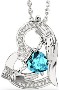 Diamond Aquamarine Silver Claddagh Heart Necklace