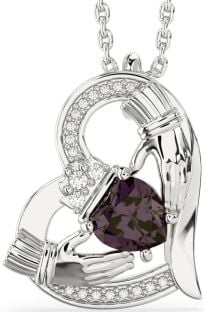 Diamond Alexandrite Silver Claddagh Heart Necklace