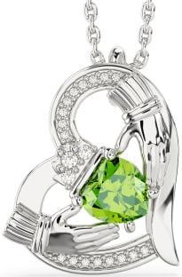 Diamond Peridot Silver Claddagh Heart Necklace