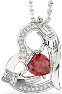 Diamond Ruby Silver Claddagh Heart Necklace