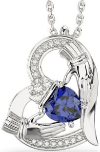 Diamond Sapphire Silver Claddagh Heart Necklace