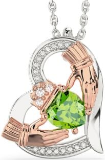 Diamond Peridot Rose Gold Silver Claddagh Heart Necklace