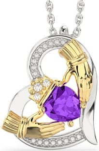 Diamond Amethyst Gold Silver Claddagh Heart Necklace