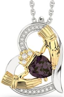 Diamond Alexandrite Gold Silver Claddagh Heart Necklace