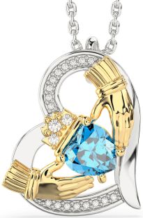 Diamond Topaz Gold Silver Claddagh Heart Necklace