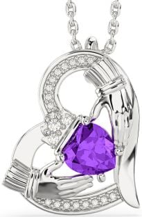 Diamond Amethyst White Gold Claddagh Heart Necklace