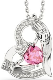 Diamond Pink Tourmaline White Gold Claddagh Heart Necklace