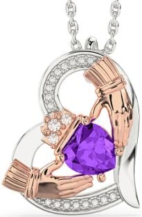 Diamond Amethyst White Rose Gold Claddagh Heart Necklace