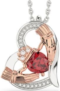 Diamond Ruby White Rose Gold Claddagh Heart Necklace