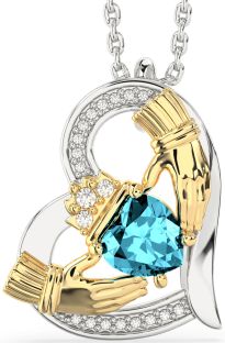 Diamond Aquamarine White Yellow Gold Claddagh Heart Necklace