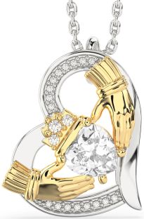 Diamond White Yellow Gold Claddagh Heart Necklace